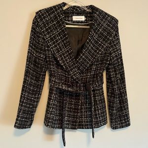 Calvin Klein Blazer Asymmetrical Jacket Black And White Tweed Pattern Sz 6
